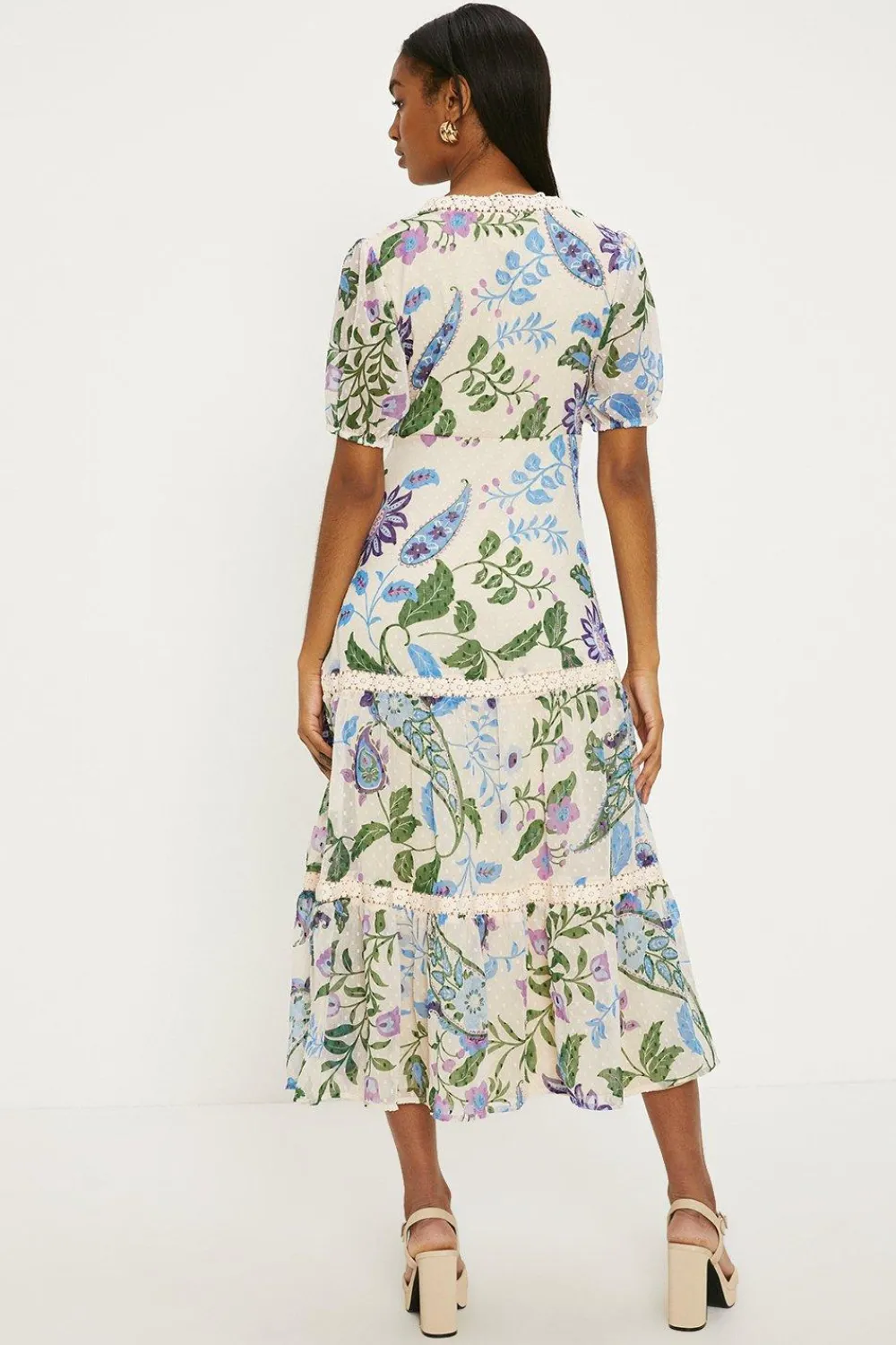 Online Oasis Petite Lace Trim Dobby Chiffon Floral Print Midi Dress Ivory