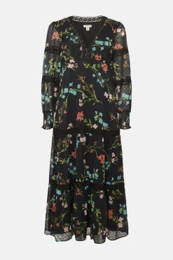 Outlet Oasis Petite Lace Trim Dobby Chiffon Floral Print Midi Dress Black