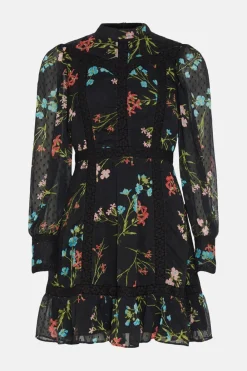 Clearance Oasis Petite Lace Trim Dobby Chiffon Floral Print Skater Dress Black