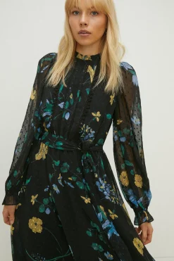 Fashion Oasis Petite Lace Trim Eastern Floral Dobby Chiffon Dress Black