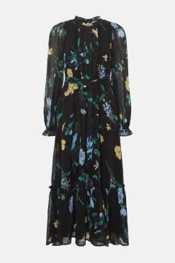 Fashion Oasis Petite Lace Trim Eastern Floral Dobby Chiffon Dress Black