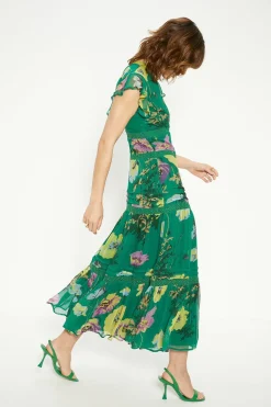 Online Oasis Petite Lace Trim High Neck Chiffon Floral Midi Dress Green