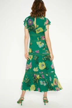 Online Oasis Petite Lace Trim High Neck Chiffon Floral Midi Dress Green
