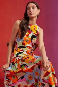 Clearance Oasis Petite Linen Mix Floral Bow Back Halter Midi Dress Multi