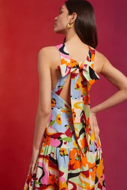 Clearance Oasis Petite Linen Mix Floral Bow Back Halter Midi Dress Multi