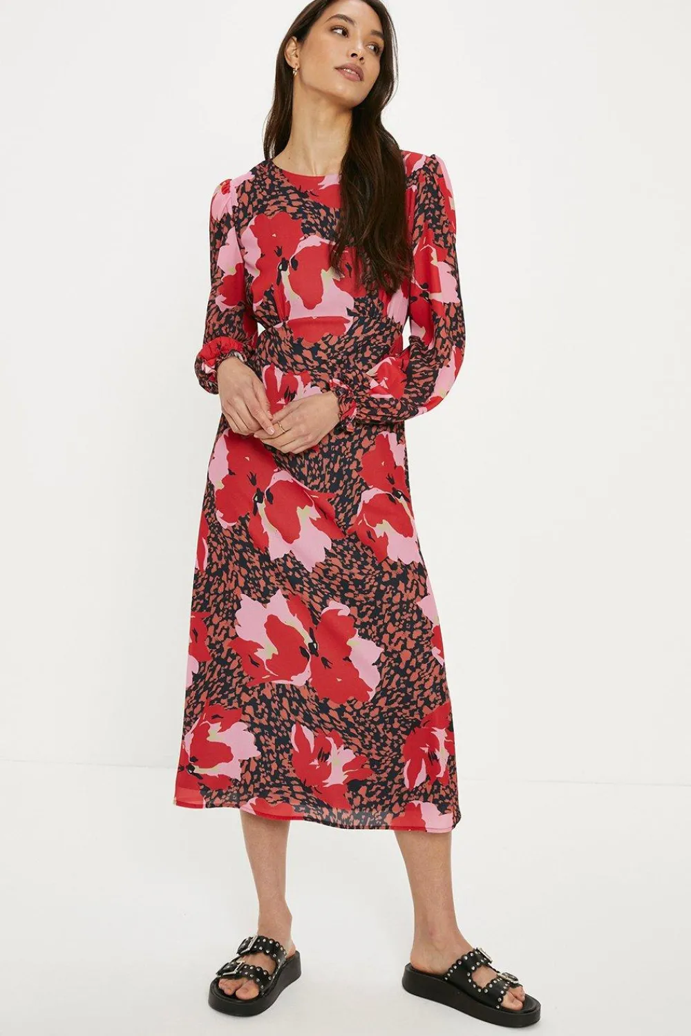 Outlet Oasis Petite Long Sleeve Printed Midi Tea Dress Multi