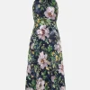 Online Oasis Petite Lyanna Floral Satin Burnout Midi Dress Navy