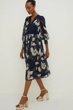 Fashion Oasis Petite Magnolia Floral Dobby Lace V Neck Midi Dress Navy