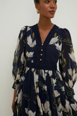 Fashion Oasis Petite Magnolia Floral Dobby Lace V Neck Midi Dress Navy