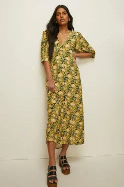 Best Oasis Petite Meadow Floral Puff Sleeve Midi Dress Ochre
