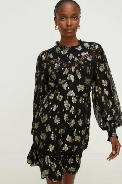 Best Oasis Petite Metallic Floral Jacquard Lace Trim Skater Dress Black