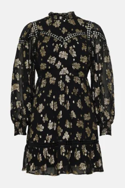 Best Oasis Petite Metallic Floral Jacquard Lace Trim Skater Dress Black