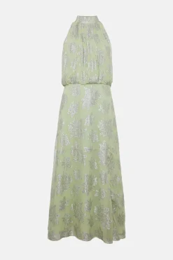Fashion Oasis Petite Metallic Halter Neck Midi Dress Sage