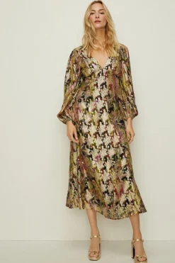 Sale Oasis Petite Metallic Paisley Printed Midi Dress Multi