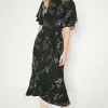 Clearance Oasis Petite Mono Floral Printed Frill Detail Belted Midi Dress Black