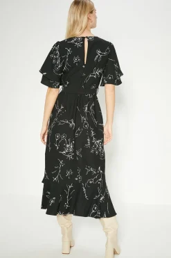 Clearance Oasis Petite Mono Floral Printed Frill Detail Belted Midi Dress Black