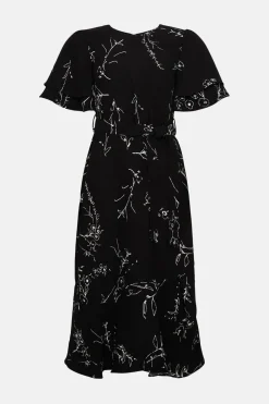 Clearance Oasis Petite Mono Floral Printed Frill Detail Belted Midi Dress Black