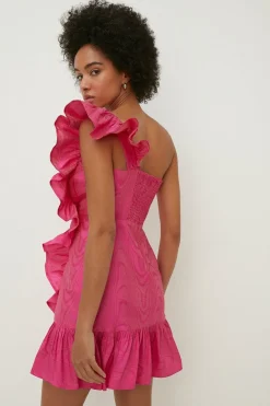Sale Oasis Petite One Shoulder Ruffle Taffeta Dress Hot Pink