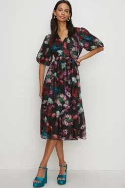 Outlet Oasis Petite Painted Floral Wrap Organza Dress Black