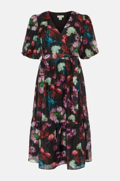 Outlet Oasis Petite Painted Floral Wrap Organza Dress Black