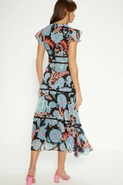 Best Oasis Petite Paisley Floral Tiered Lace Trim Midi Dress Black