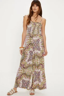 Hot Oasis Petite Paisley Print Crinkle Shirred Jumpsuit Multi