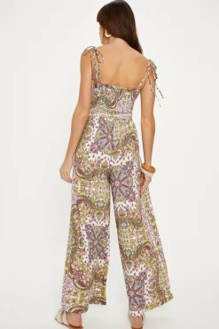 Hot Oasis Petite Paisley Print Crinkle Shirred Jumpsuit Multi