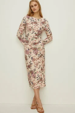 Outlet Oasis Petite Paisley Printed Ruched Side Midi Dress Ivory