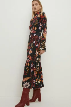 Clearance Oasis Petite Paisley Velvet Funnel Neck Tiered Midi Dress Multi
