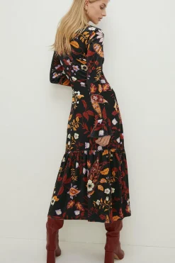 Clearance Oasis Petite Paisley Velvet Funnel Neck Tiered Midi Dress Multi
