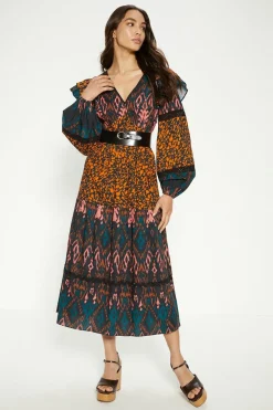 Clearance Oasis Petite Patched Aztec Ruffle Trim Detailed Midi Dress Animal