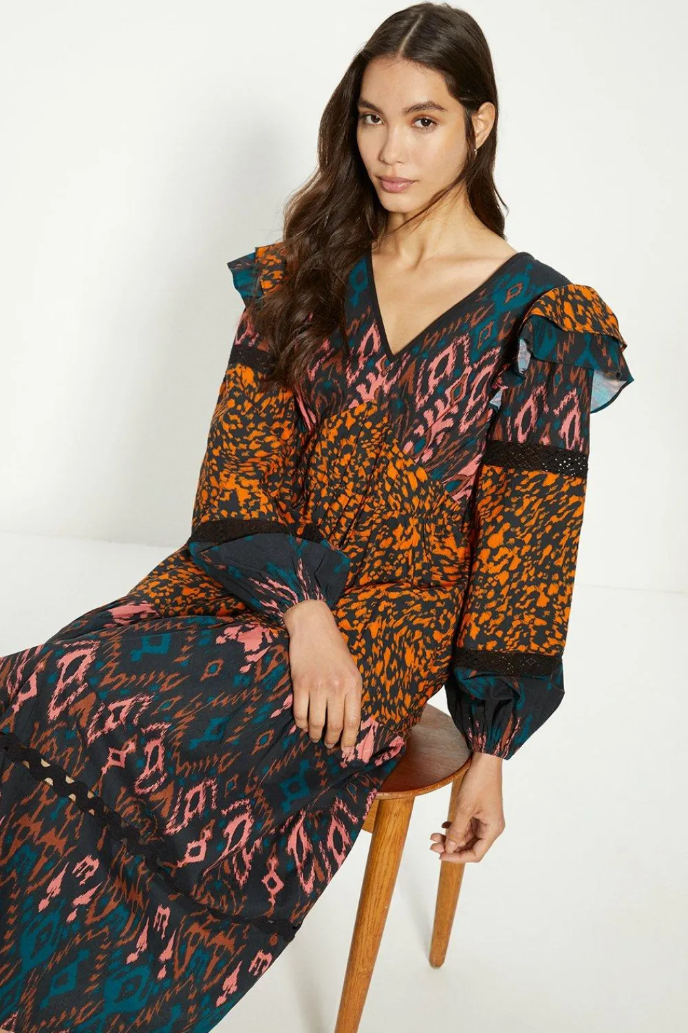 Clearance Oasis Petite Patched Aztec Ruffle Trim Detailed Midi Dress Animal