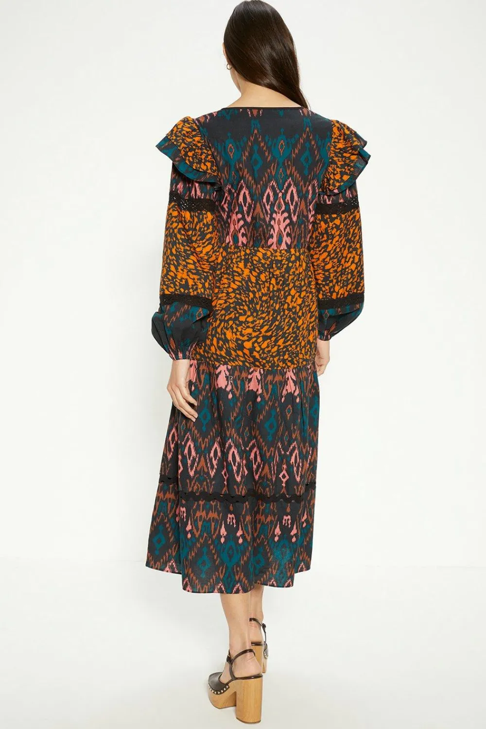 Clearance Oasis Petite Patched Aztec Ruffle Trim Detailed Midi Dress Animal