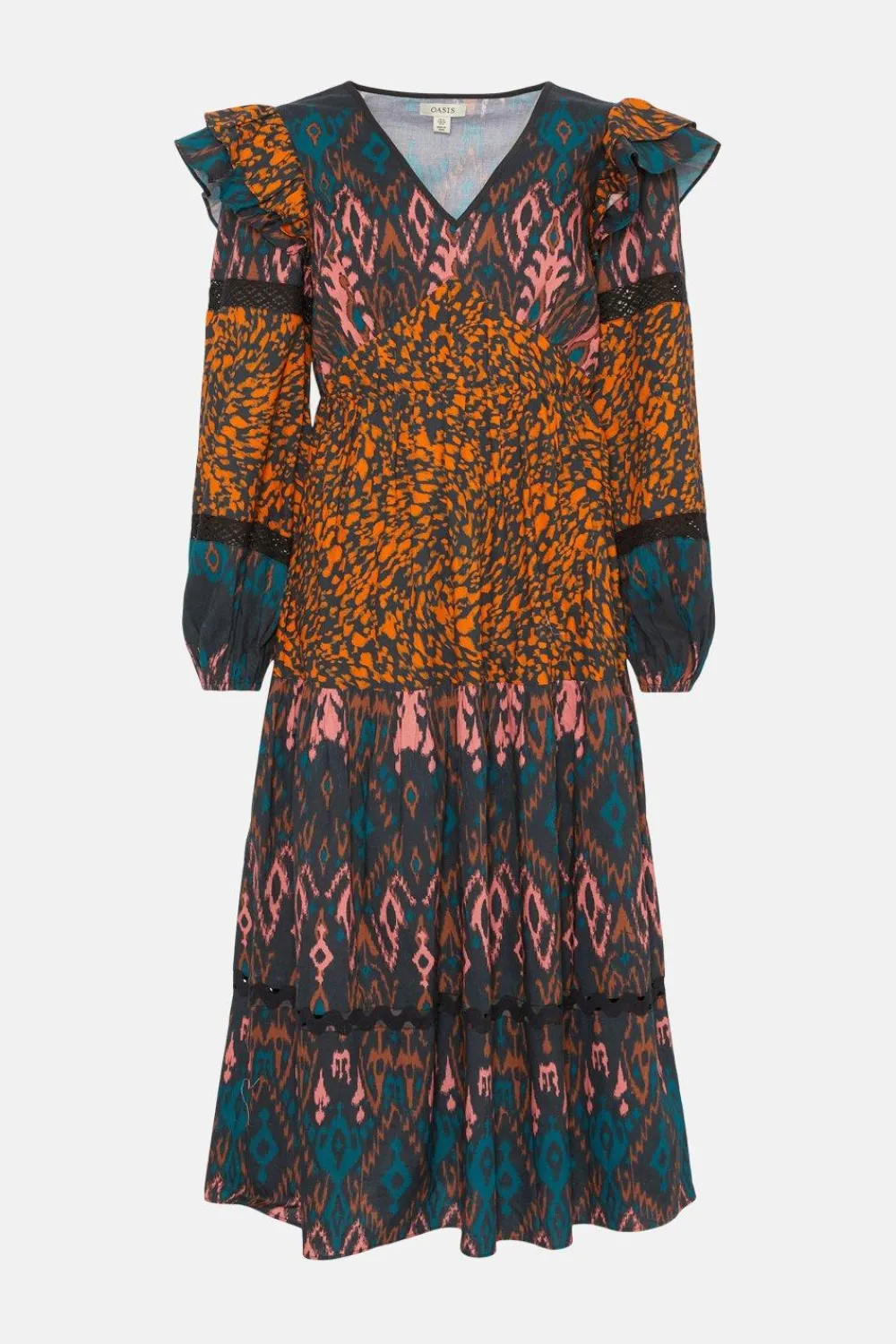 Clearance Oasis Petite Patched Aztec Ruffle Trim Detailed Midi Dress Animal