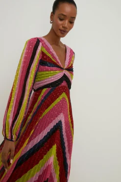 Clearance Oasis Petite Pleat Stripe Metallic V Midi Dress Pink