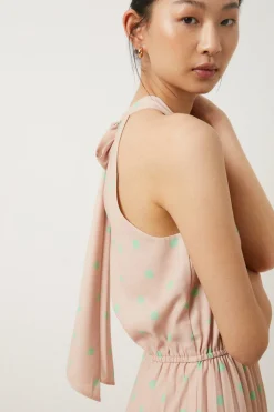 Hot Oasis Petite Polka Dot Halter Pleated Midi Dress Taupe