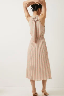 Hot Oasis Petite Polka Dot Halter Pleated Midi Dress Taupe