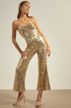 Clearance Oasis Petite Premium Chain Strap Sequin Jumpsuit Gold