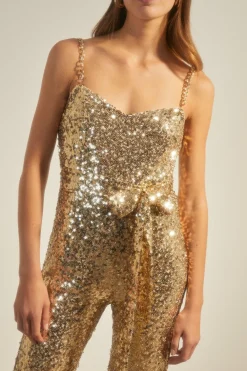 Clearance Oasis Petite Premium Chain Strap Sequin Jumpsuit Gold
