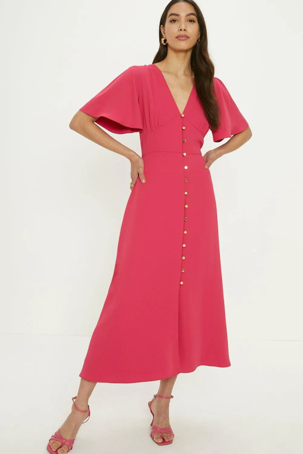 Hot Oasis Petite Premium Crepe Midi Tea Dress Pink