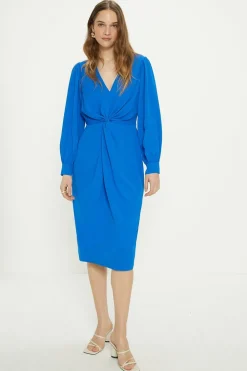 Online Oasis Petite Premium Crepe Twist Front Midi Dress Cobalt