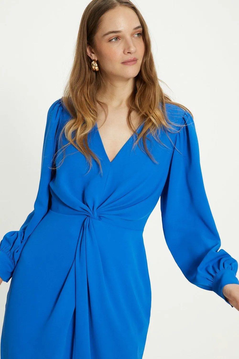 Online Oasis Petite Premium Crepe Twist Front Midi Dress Cobalt
