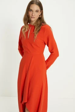 Hot Oasis Petite Premium Crepe Waterfall Skirt Midi Dress Orange