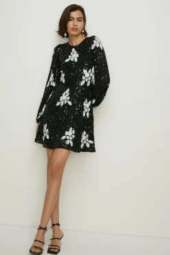Outlet Oasis Petite Premium Floral Hand Embellished Sequin Skater Dress Mono