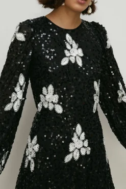 Outlet Oasis Petite Premium Floral Hand Embellished Sequin Skater Dress Mono