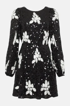 Outlet Oasis Petite Premium Floral Hand Embellished Sequin Skater Dress Mono
