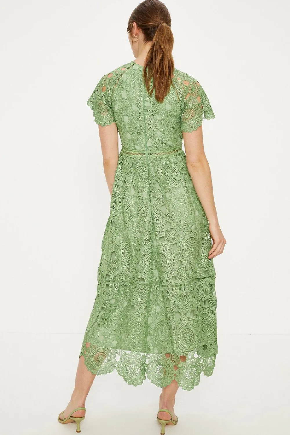 Outlet Oasis Petite Premium Floral Lace Cap Sleeve Midi Dress Apple Green