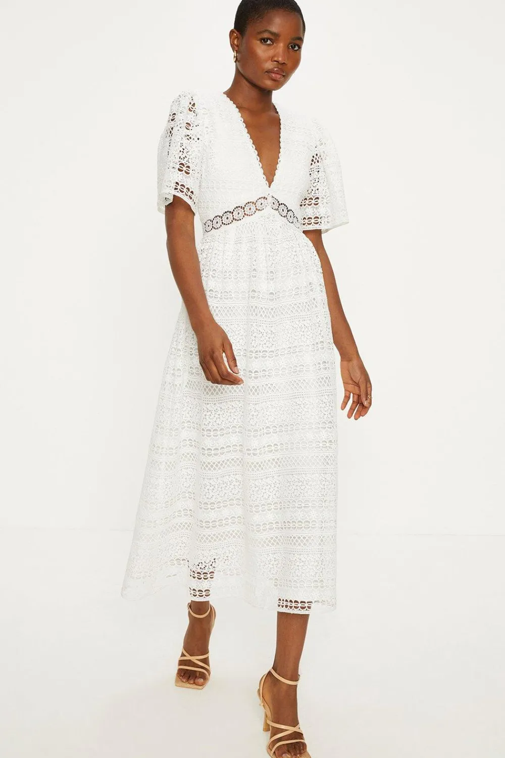 Clearance Oasis Petite Premium Geo Lace Angel Sleeve V Neck Maxi Dress White