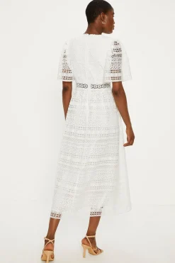 Clearance Oasis Petite Premium Geo Lace Angel Sleeve V Neck Maxi Dress White