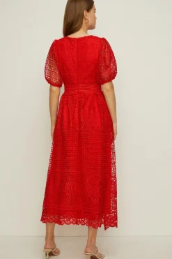 Sale Oasis Petite Premium Lace Midi Dress Red